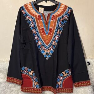 Collection B Black Dashiki print with Red, Blue & Orange Embroidery